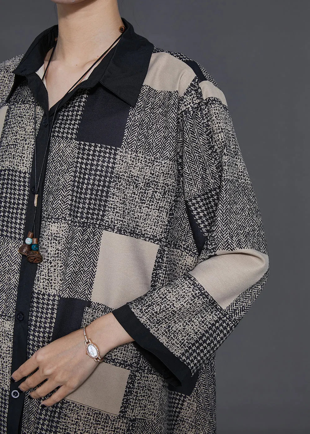 Khaki Plaid Patchwork Chiffon Shirts Spring