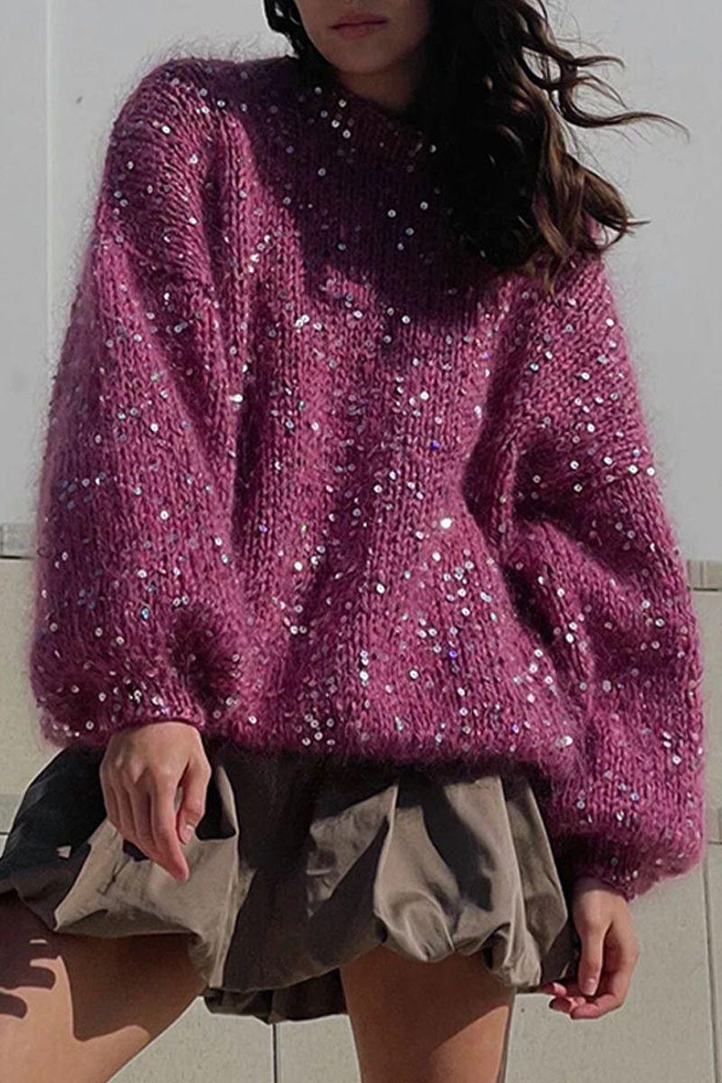 Color Sequins O Neck Sweaters