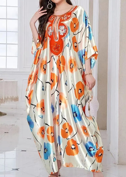 Apricot Oversized Print Silk Holiday Dress Summer
