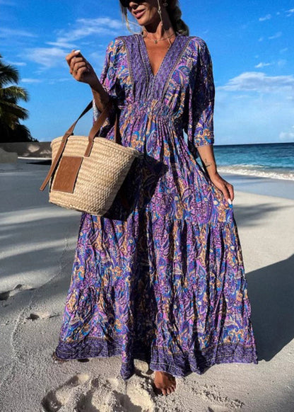 Purple V Neck Print Wrinkled Cotton Maxi Dresses Summer