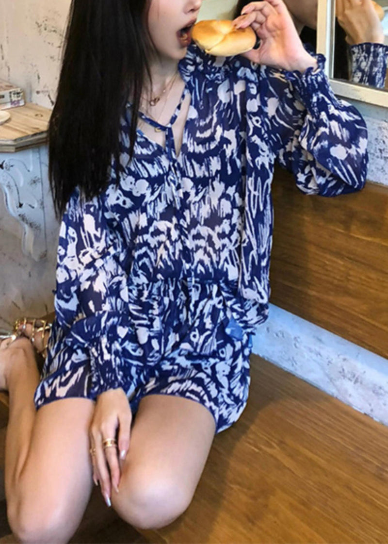 Stylish Blue Print Shirts and Skirts Cotton Two Pieces Set Summer