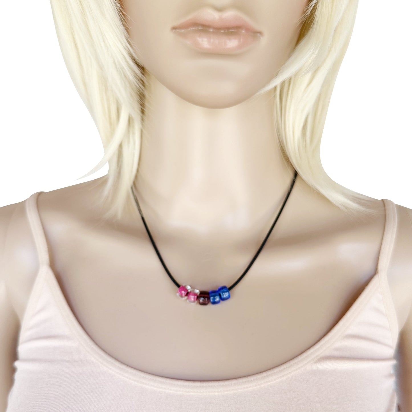 Bisexual Pride/bi Ally Necklace With Czech Glass Beads on Black Rubber Cord, 18 Inches