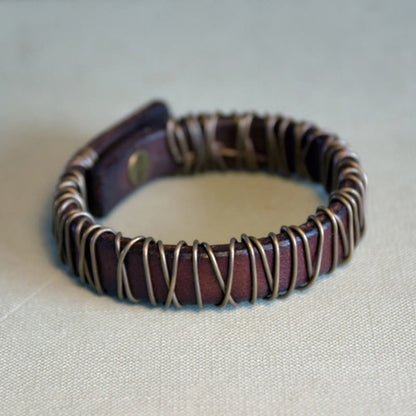 Black Leather Copper Wire Wrap Spiritual Balance Bracelet