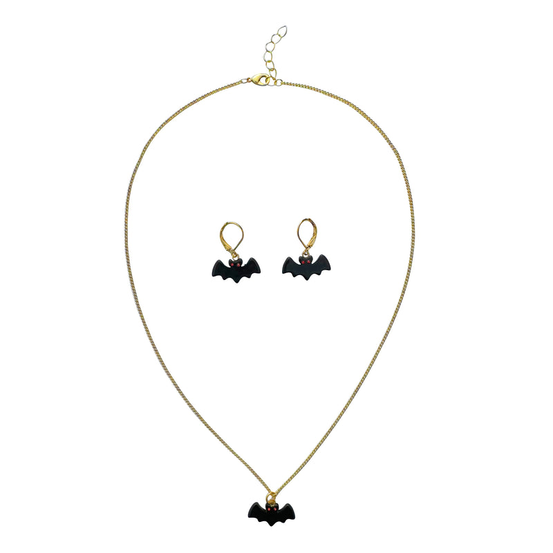 Black Bat Charm Red Crystal Eyes Matching Gold Necklace & Earring Set - 18