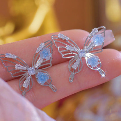 [] Blue Rose Butterfly Earrings