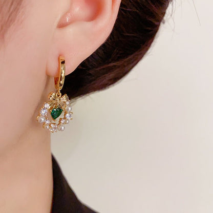 Bow Wreath Green Heart Earrings