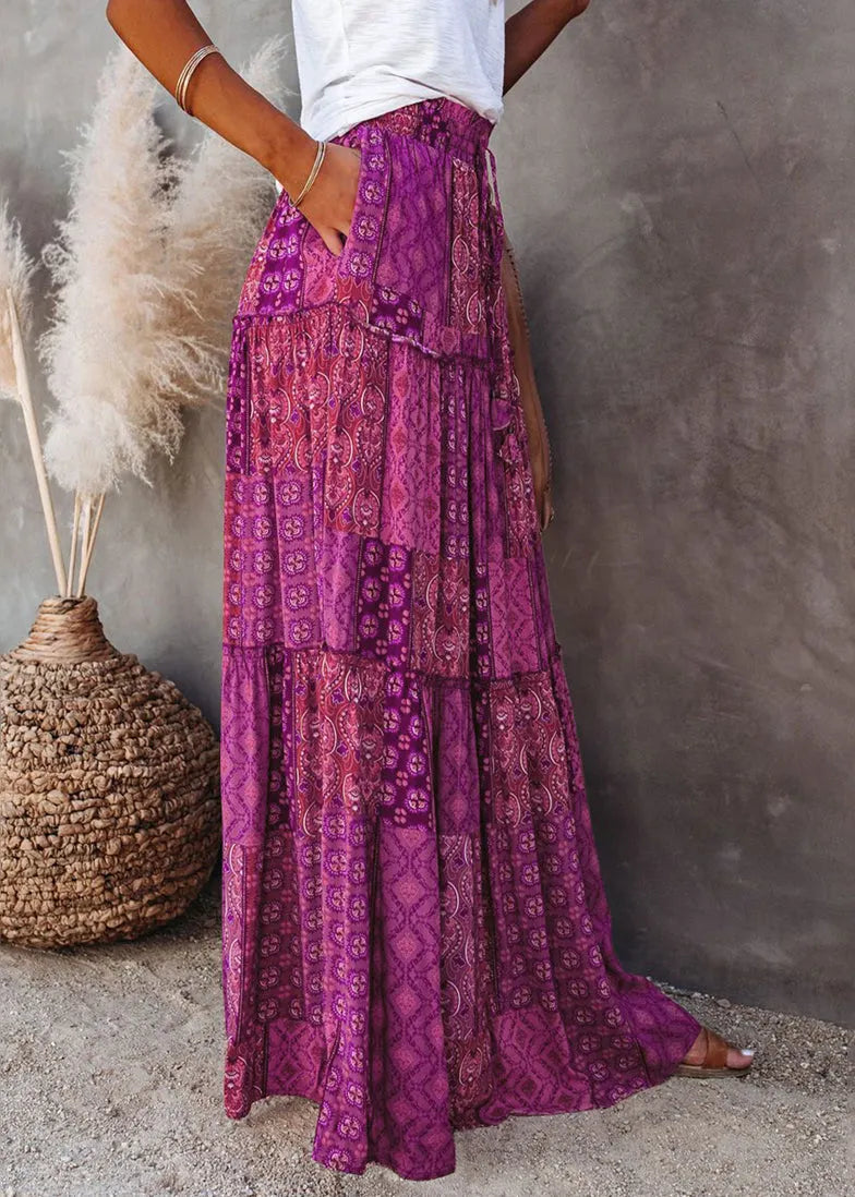 Purple Print Ruffled Patchwork a Line Skirt