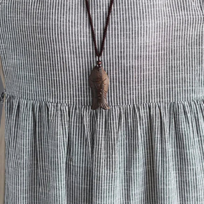 Striped Midi Cotton Linen Dresses Traveling Dress Short Sleeve Tie Waist V Neck Cotton Linen Clothing