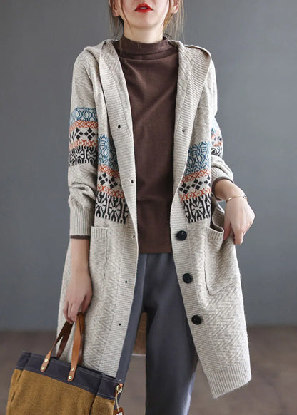 Beige Button Knitted Hooded Coats Cardigans Spring