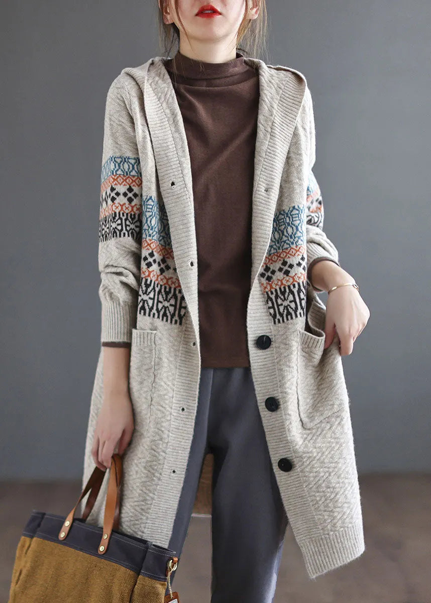 Beige Button Knitted Hooded Coats Cardigans Spring