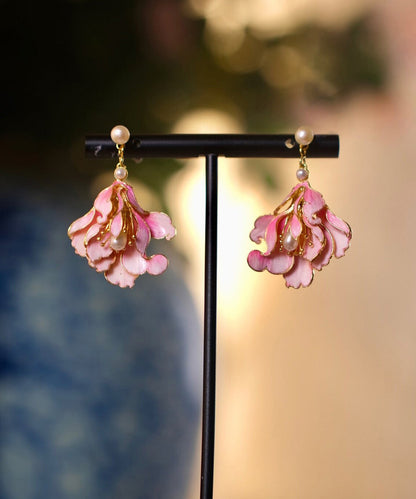 Pink Alloy Pearl Enamel Jade Orchid Drop Earrings