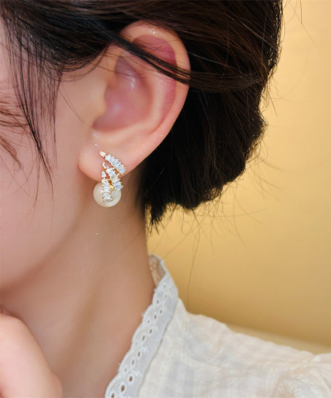 New Light Design Silver Needle Zircon Pearl Earrings