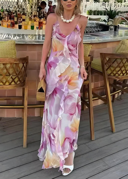 Stylish Light Purple Ruffled Print Cotton Spaghetti Strap Dress Summer