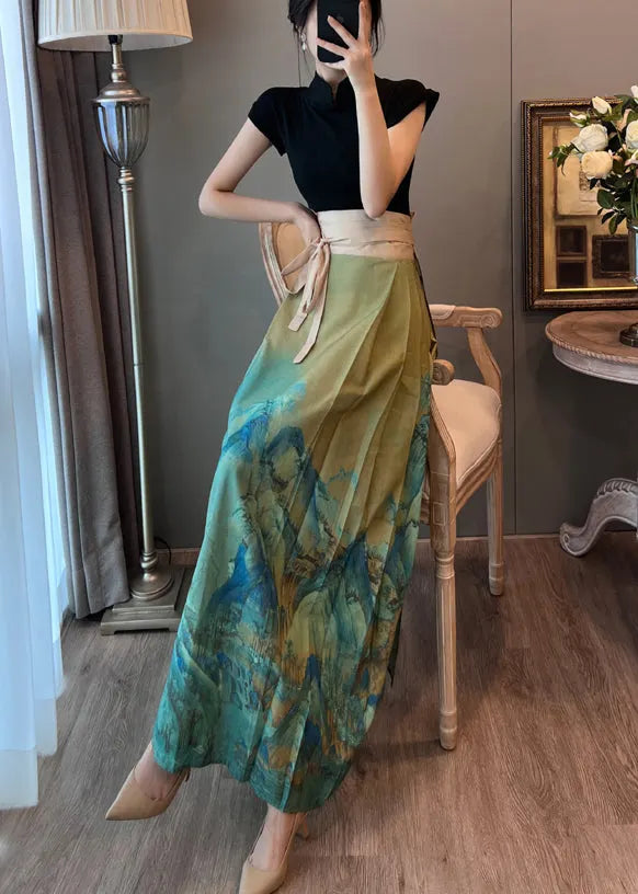 Retro Green Tunic Wrinkled Chinese Style Skirt Summer