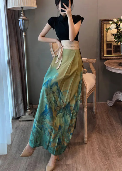 Retro Green Tunic Wrinkled Chinese Style Skirt Summer