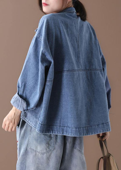 Stand Collar Fine Coats Denim Blue Coats