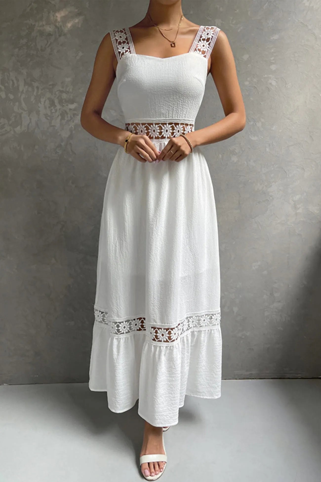 Jacquard Hollow Out Tiered Midi Dress
