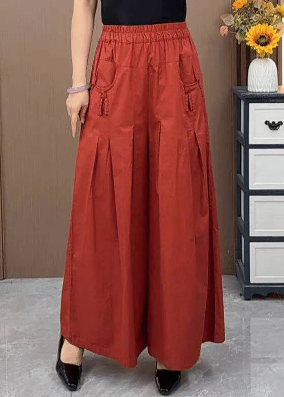 New Orange Pockets Elastic Waist Cotton Wide Leg Pants Fall