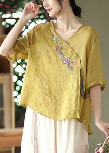 Unique Yellow V Neck Embroidered Linen T Shirt Half Sleeve