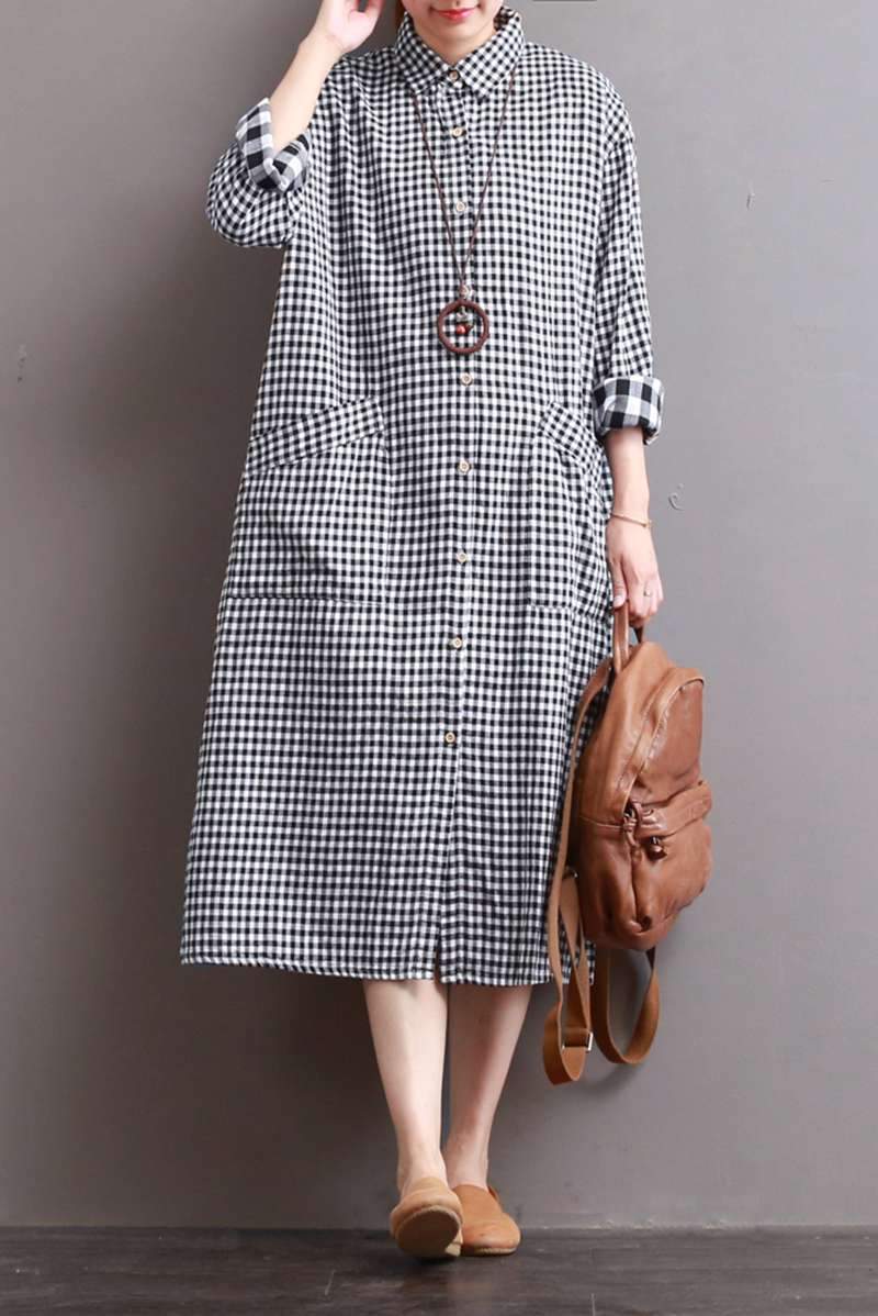 Linen Plaid Loose Dress Long for
