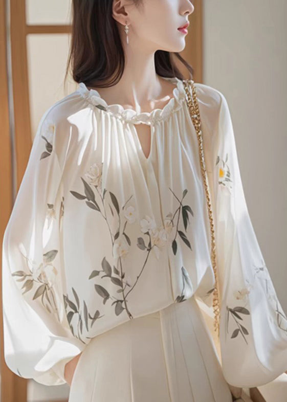 White Ruffled Print Chiffon Shirt Fall