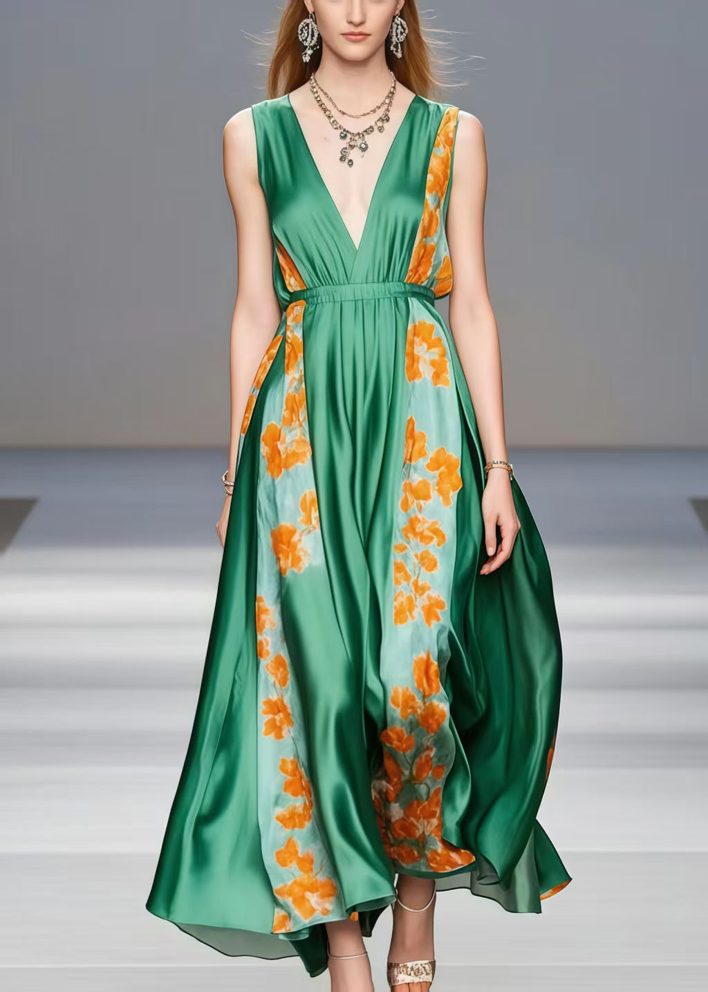 Tea Green V Neck Patchwork Silk Holiday Dress Sleeveless