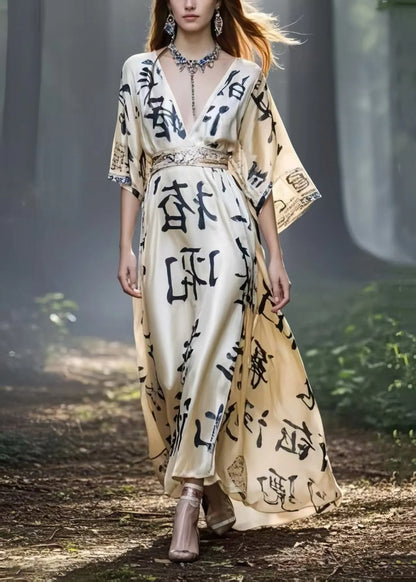 Khaki Cinched Print Silk Maxi Dresses Summer