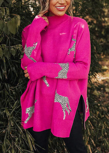 Rose Hign Neck Side Open Knit Sweaters Batwing Sleeve