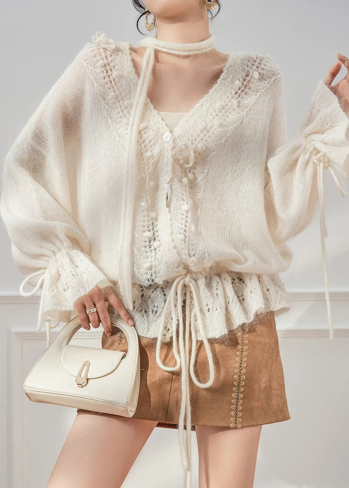 White Hollow Out Lace Up Knit Coat V Neck Fall