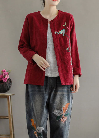 Red Embroidered Patchwork Cotton Cardigans Coats Spring