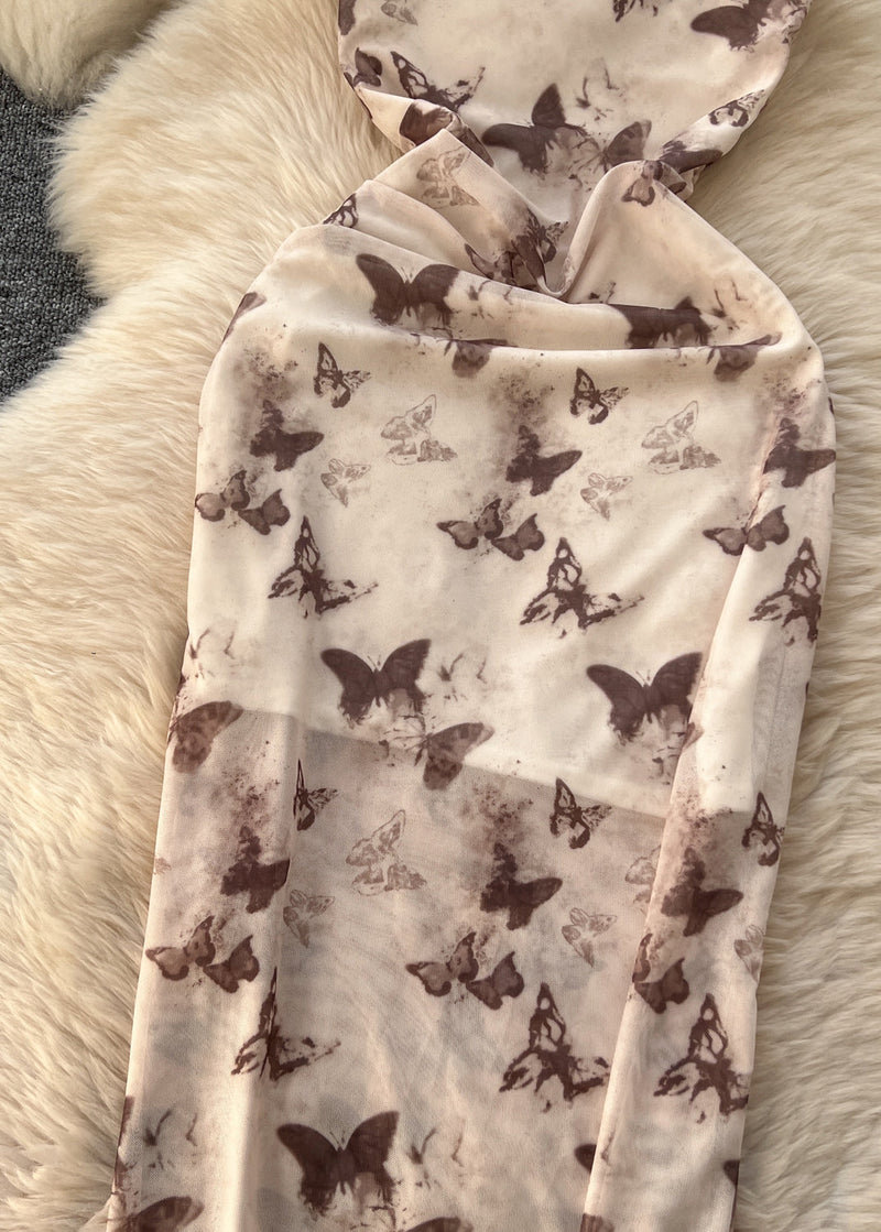 Beige Butterfly Side Open Tulle Summer Dress