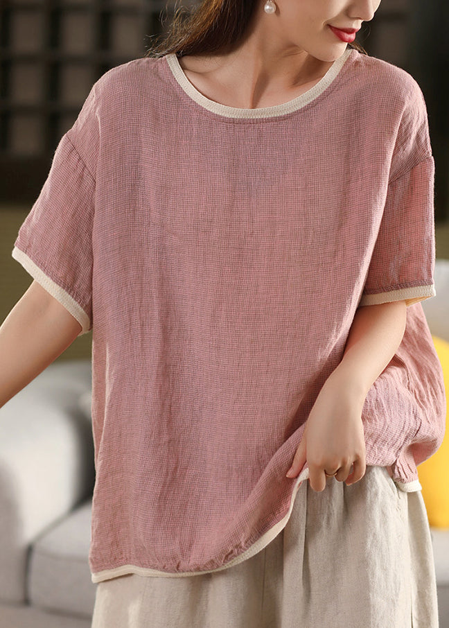 Pink O Neck Patchwork Linen T Shirts Summer