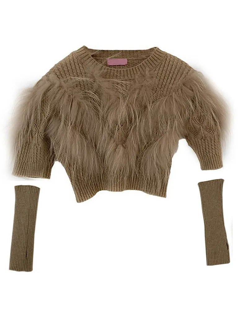 Art Khaki Leather and Fur Patchwork Knit Sweaters Winter