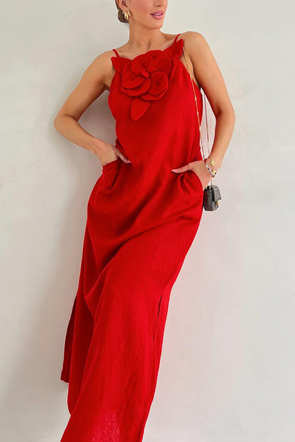 Vacay Ready Linen Blend Embellishment Pocketed Slit Maxi Dress