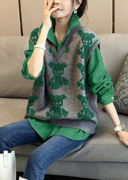 Green Knitted Vest Shirt Age Reducing Two Piece Set Autumn New