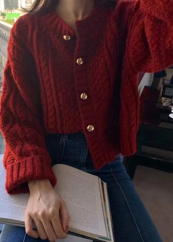 Boutique Beige O-neck Button Cable Knit Cardigan Fall