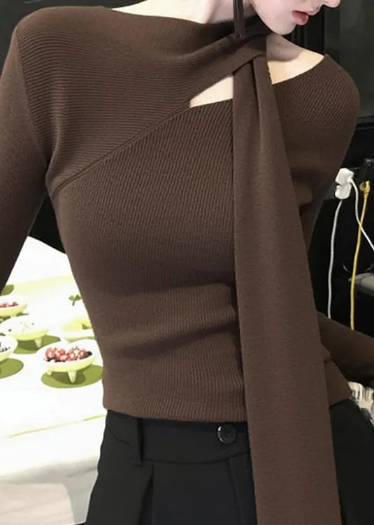 Original Coffee Bow Hollow Out Knit Sweater Spring