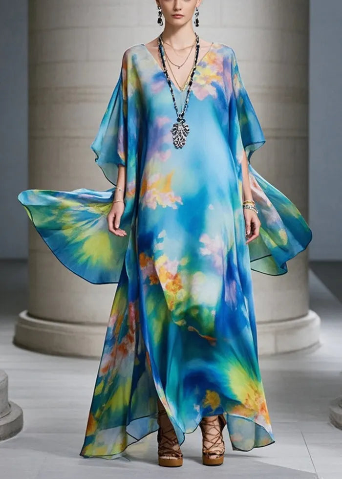 Blue Oversized Print Chiffon Beach Dress Summer