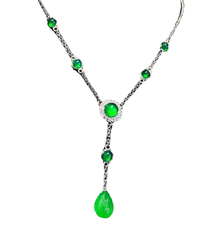 New Green Sterling Silver Overgild Zircon Jade Tassel Pendant Necklace