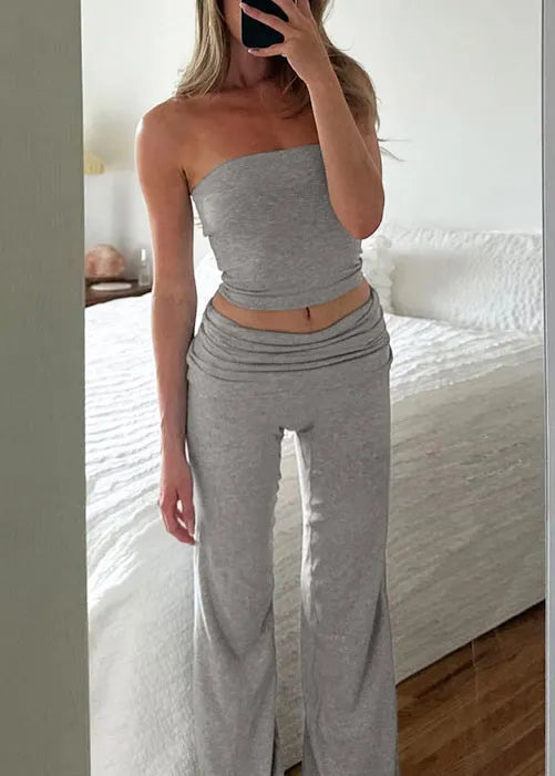 Slim Fit Grey Strapless and Pants Cotton Two Piece Set Summer