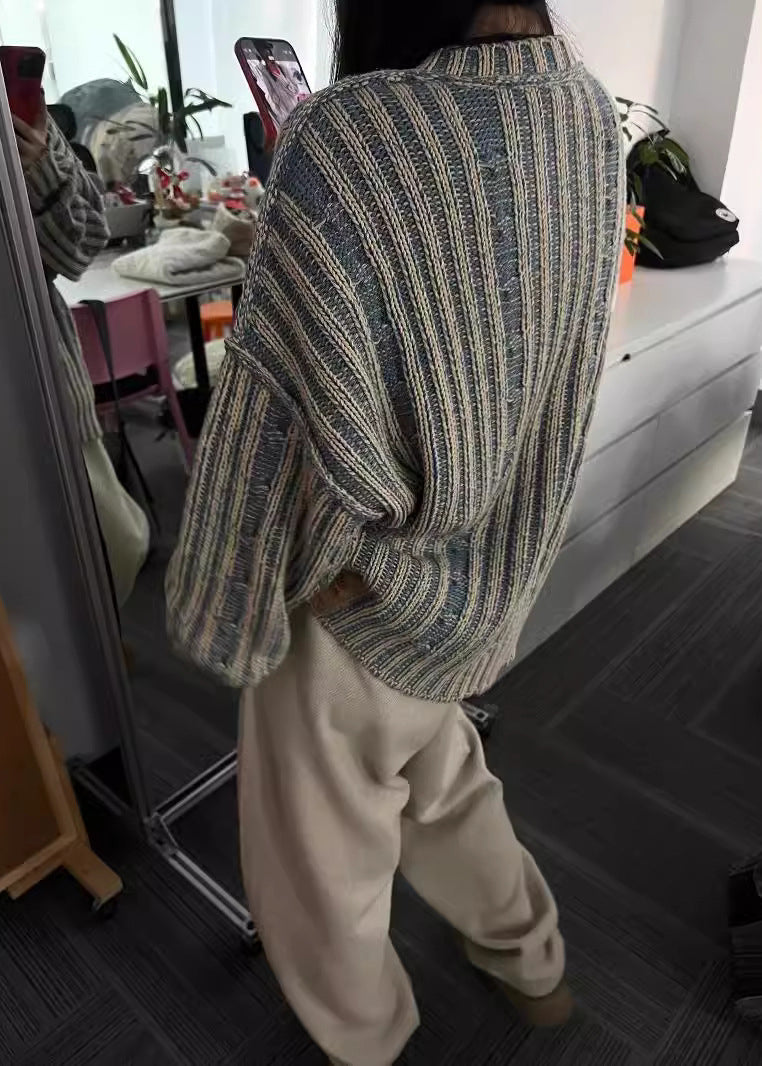 Boutique Blue O Neck Thick Striped Knit Sweaters Fall
