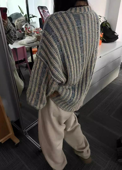 Boutique Blue O Neck Thick Striped Knit Sweaters Fall