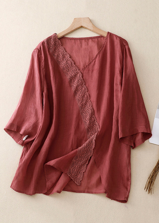 Yellow V Neck Lace Linen Top Half Sleeve