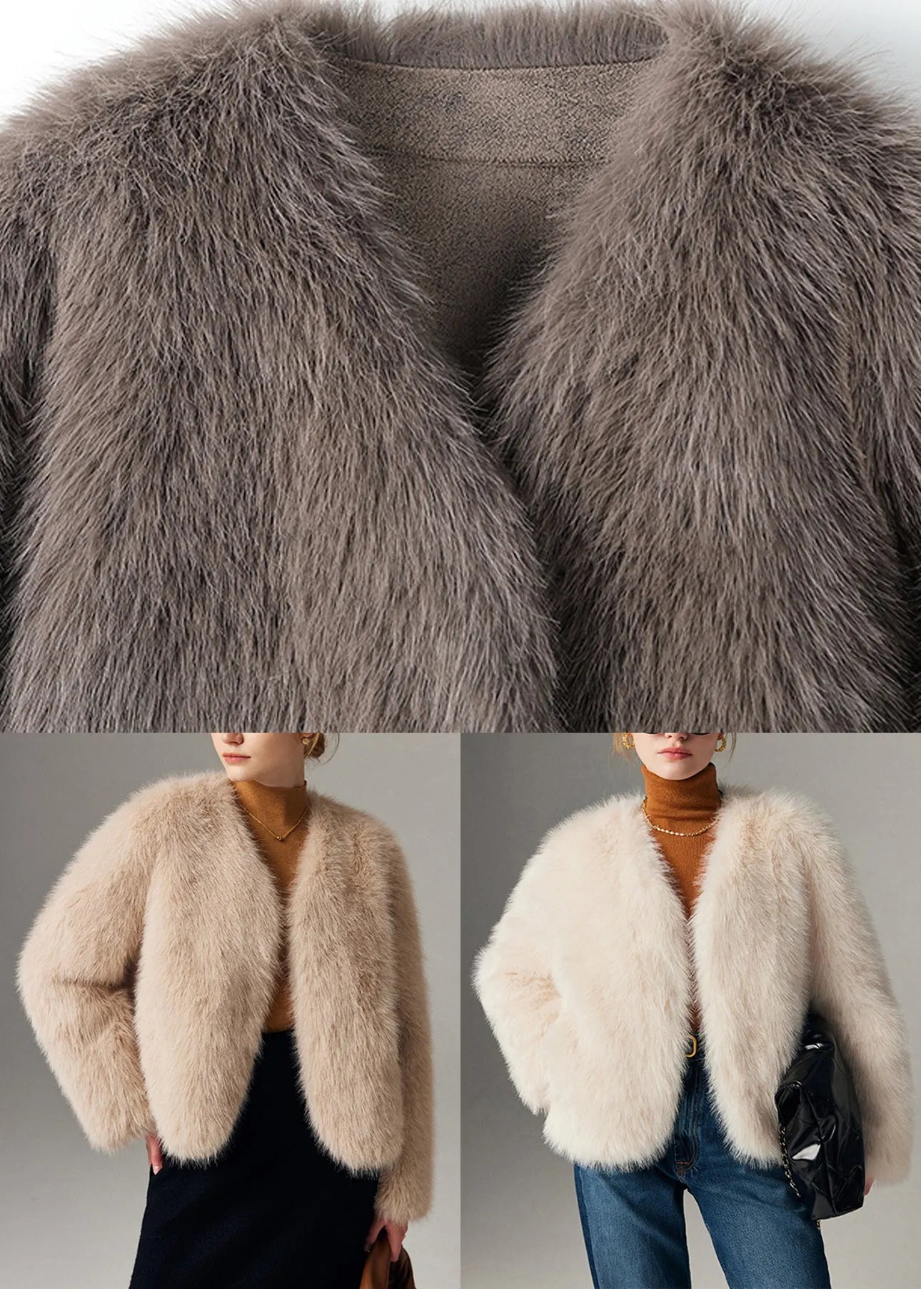 Grey Fox Collar Thick Leather and Fur Coats Winter