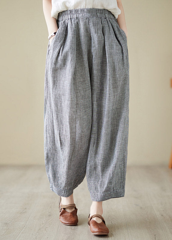 Light Grey Elastic Waist Linen Lantern Pants Summer