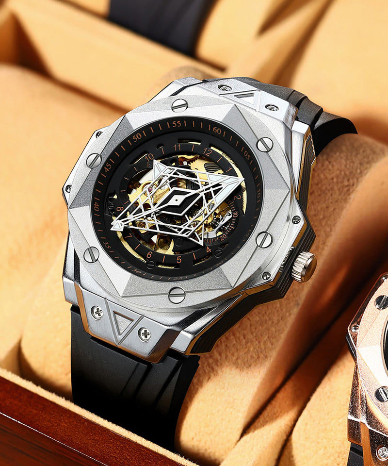 Rose Gold Leather Fully Automatic Machinery Hollow Out Watches