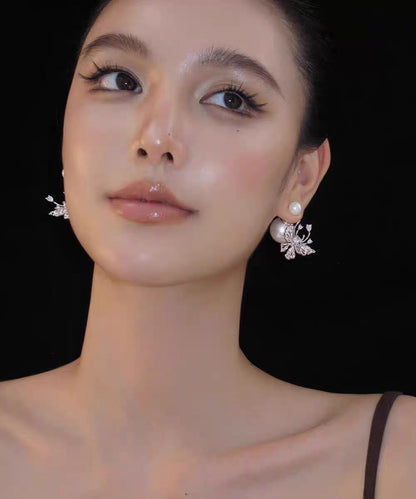 White Copper Zircon Pearl Butterfly Stud Earrings