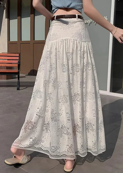 Art White Hollow Out High Waist Lace Skirt Summer