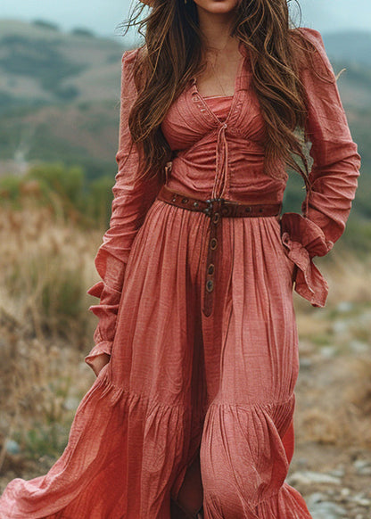 V Neck Ruffled Patchwork Cotton Long Dress Spring