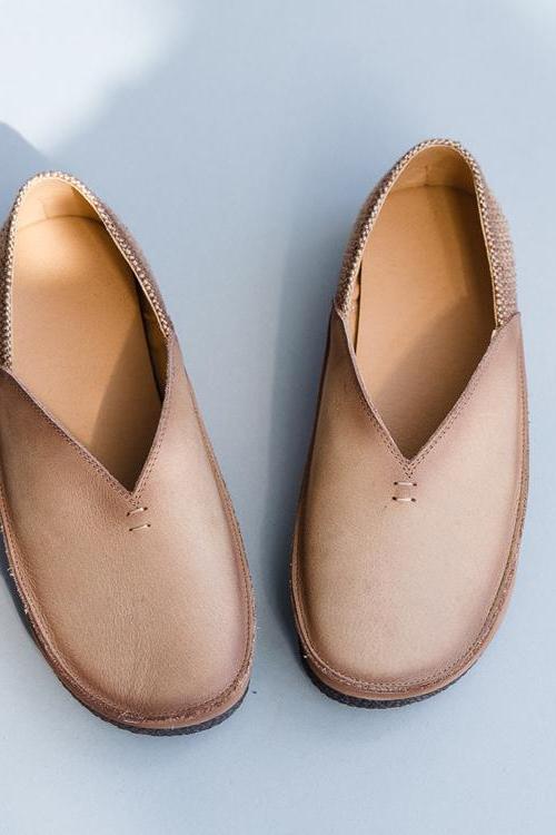 Gray and Beige Leather Flat Shoes